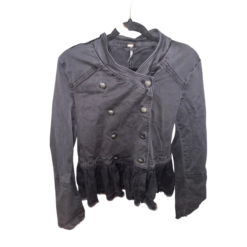 Free People Ruffle Hem Military Jacket Washed Black Grey Double Breasted Large - Picture 3 of 5